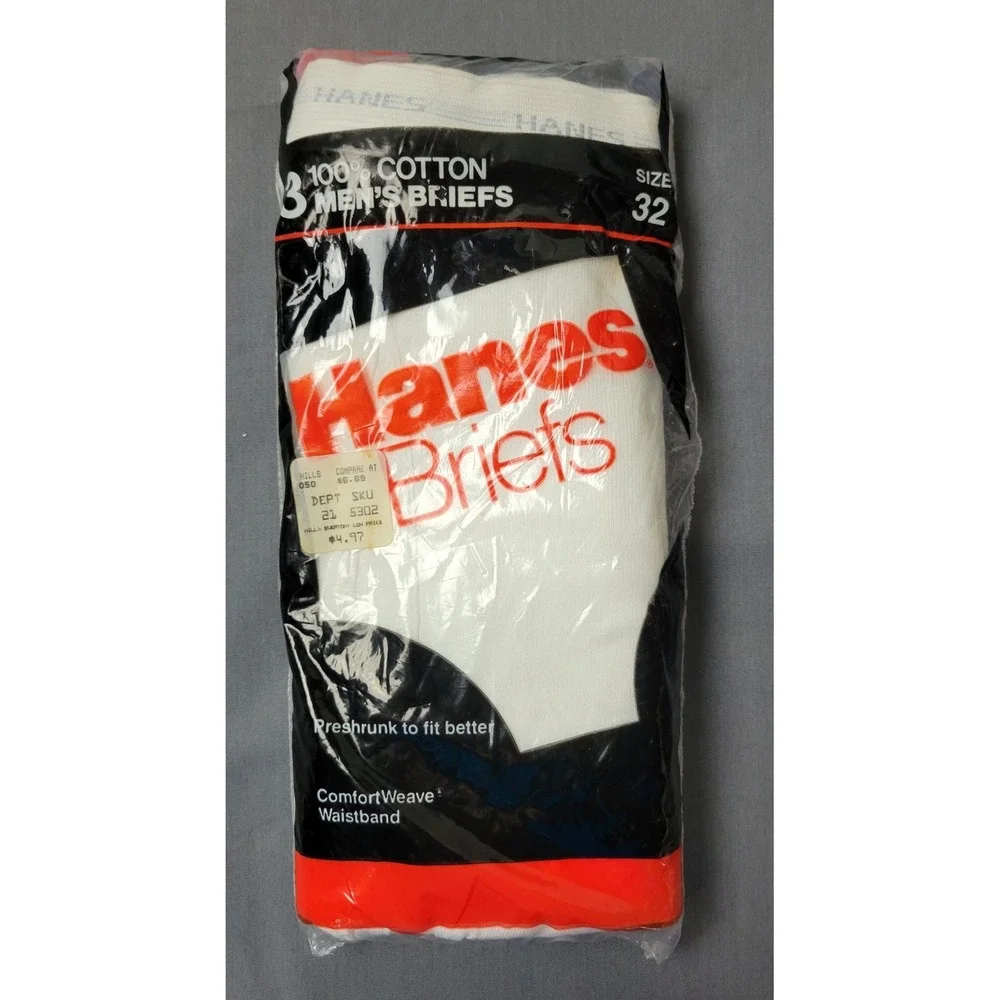 Vintage 1989 Hanes Mens Briefs 3 Pack White 100% Cotton Size 32 Deadstock 2249